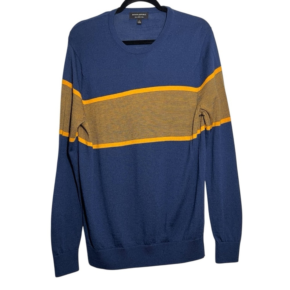 Banana Republic Sweater Mens Size L Merino Wool Blue Yellow Crewneck Pullover